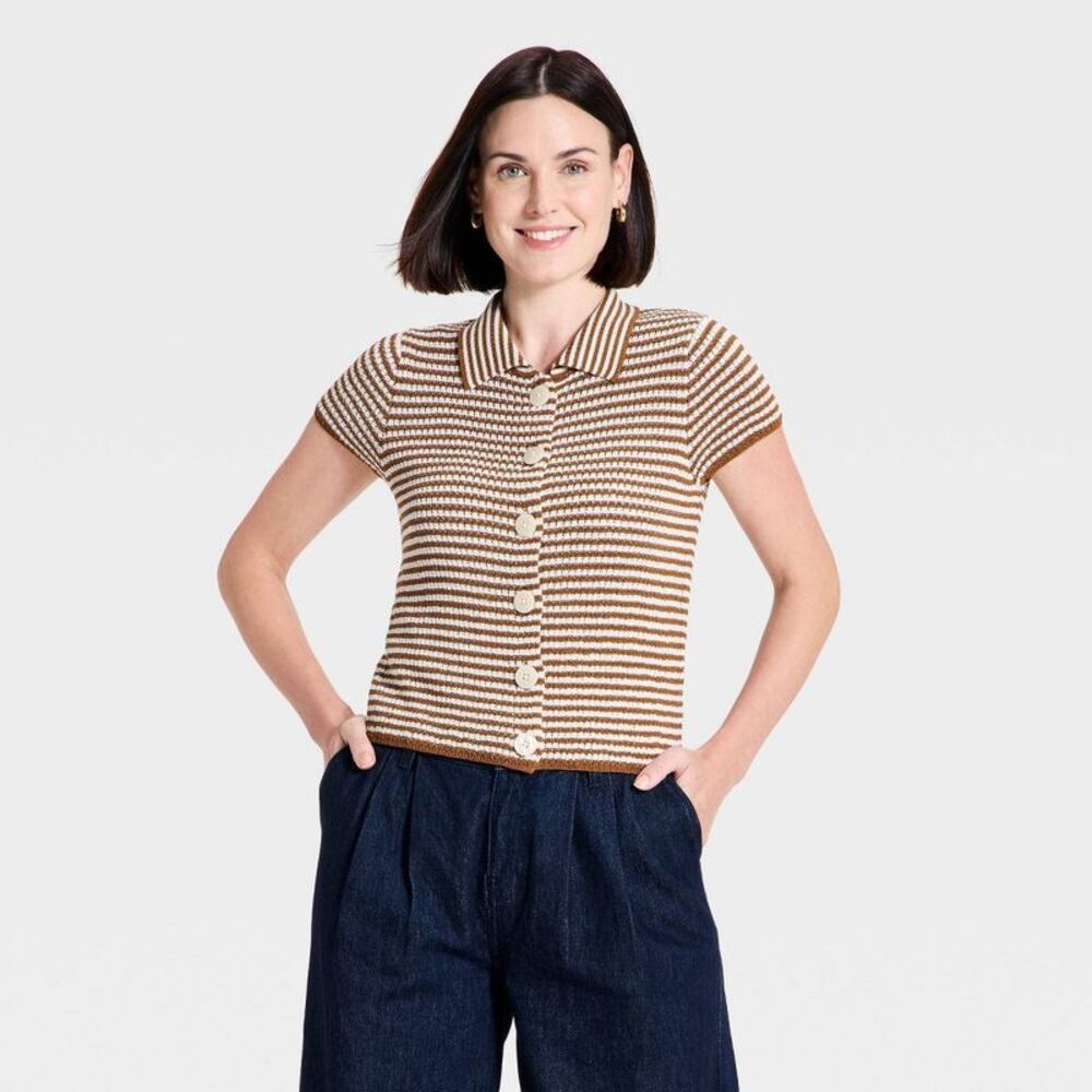 Women's Button-Up Collar Short Sleeve Sweater Top - Brown/Cream Striped M
